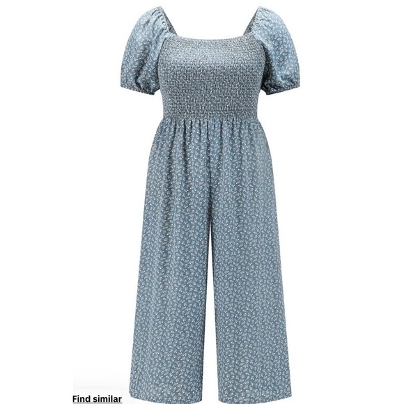 Shein NWOT  Blue Ditsy‎ Boho Floral Trendy Work/Vacation Wear Capri Jumpsuit 2X - Picture 1 of 15